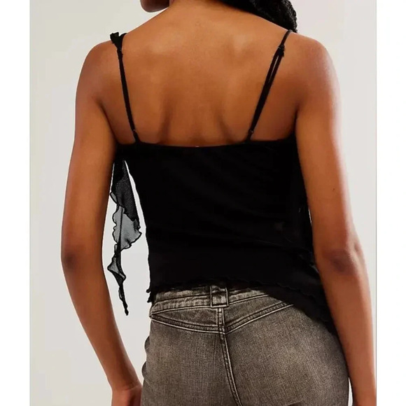 Free People Ruffle Asymmetric Mesh Top size Medium Black New Y2K - Picture 2 of 11